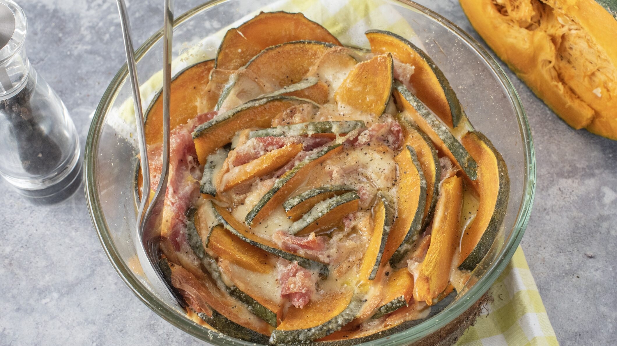 zucca gratinata con pancetta e scamorza