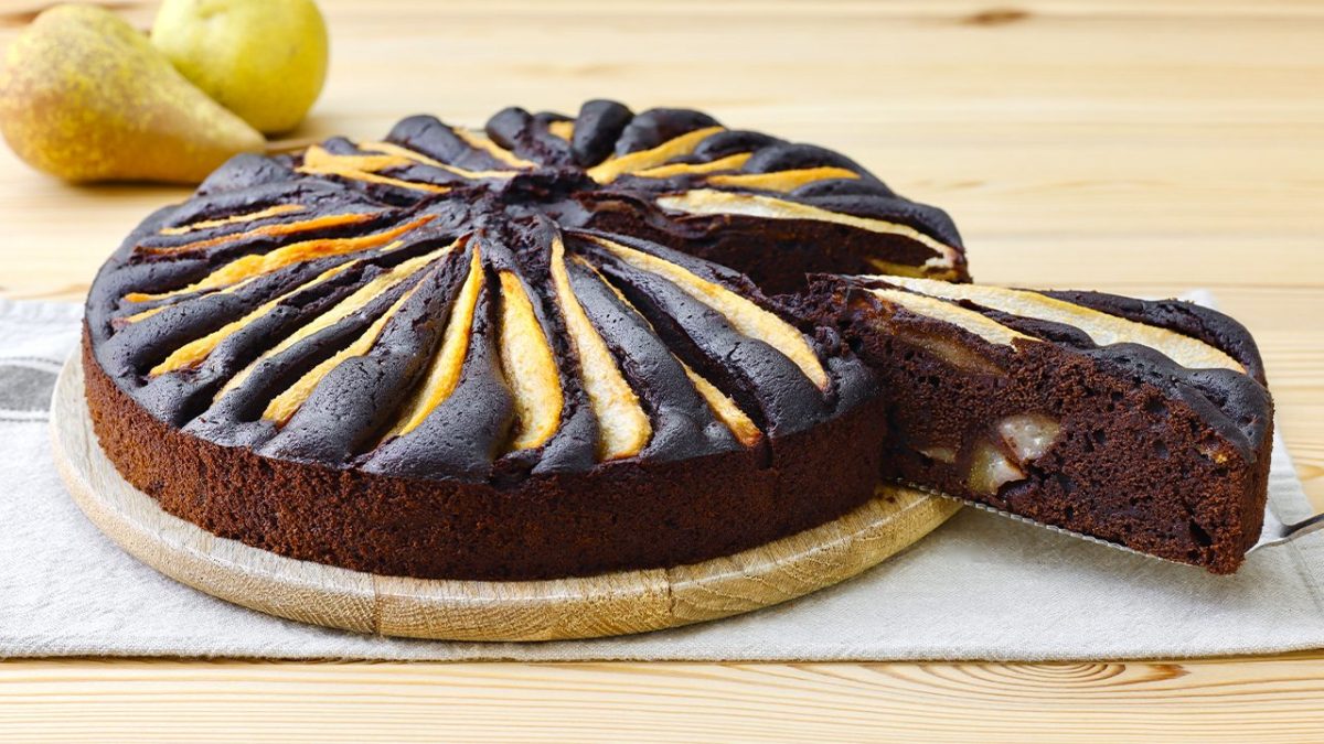 yogurt, pear, and chocolate cake